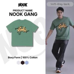Áo thun tay ngắn in họa tiết NOOK GANG màu xanh lá form rộng  100% Cotton - A15