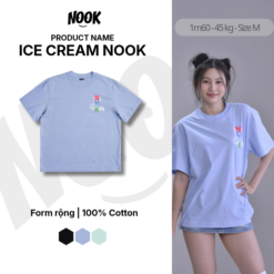 Áo thun ICE CREAM NOOK màu đen, xanh mint, xanh dương form rộng 100% Cotton - A18
